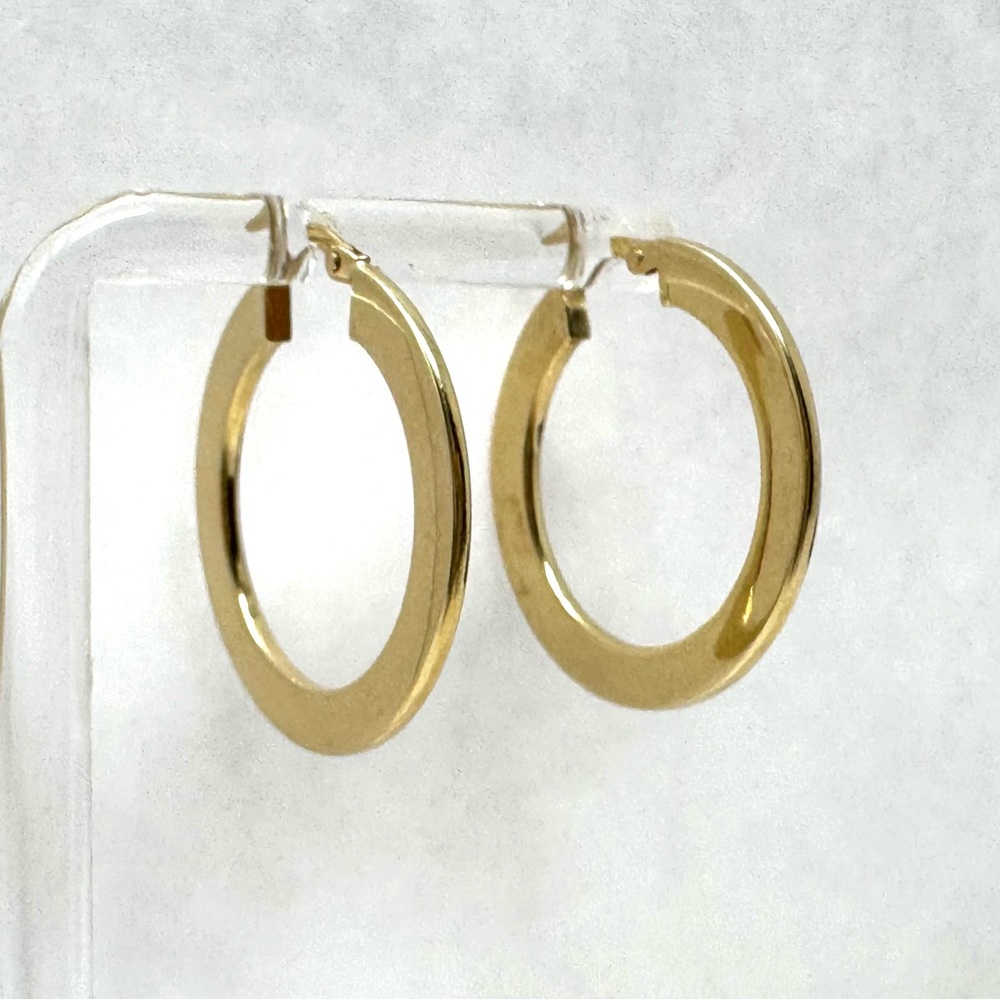 Solid 14K yellow gold flat hoop earrings, made in Italy - Picture 2 of 11